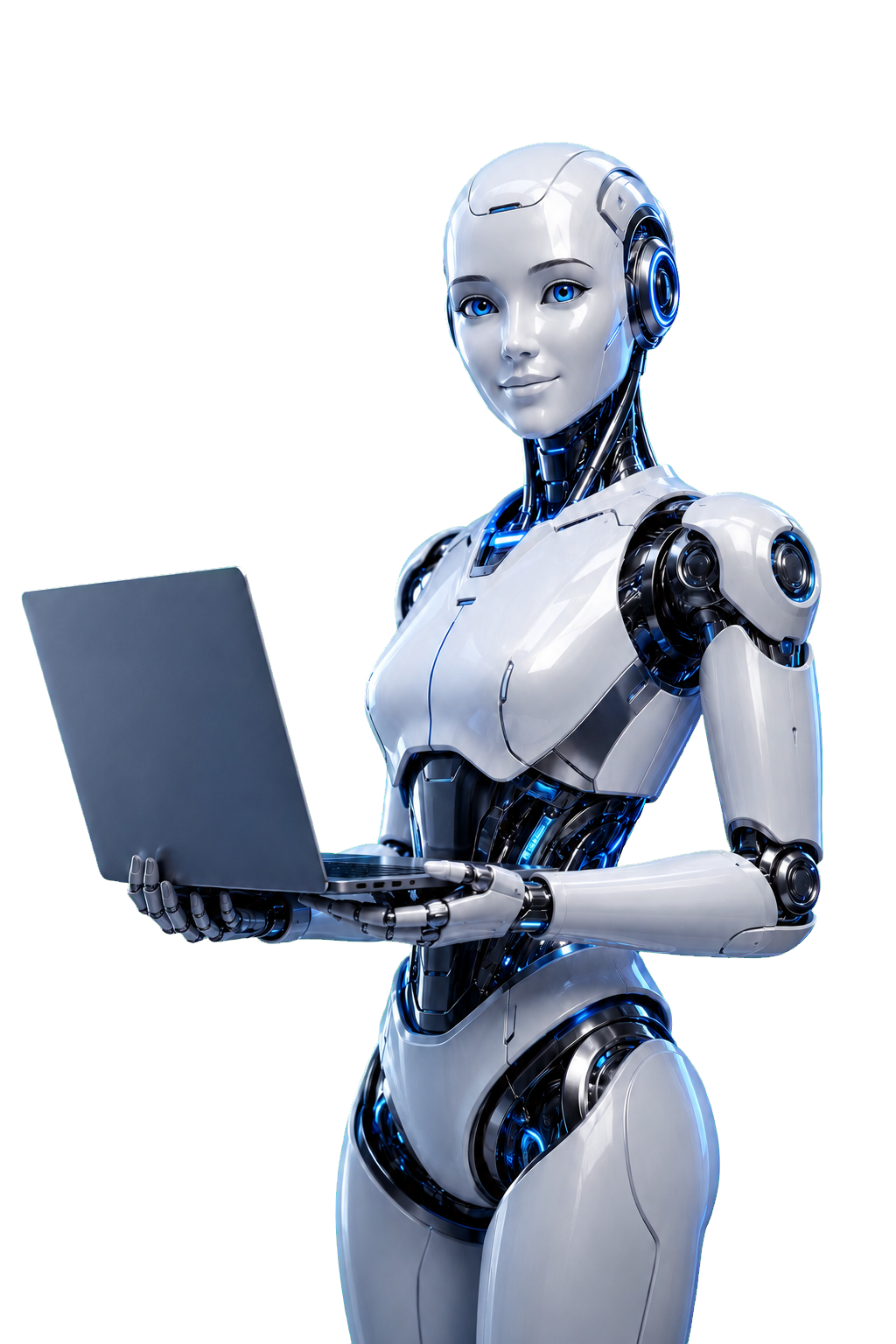 Robot futuristik profesional duke mbajtur një laptop